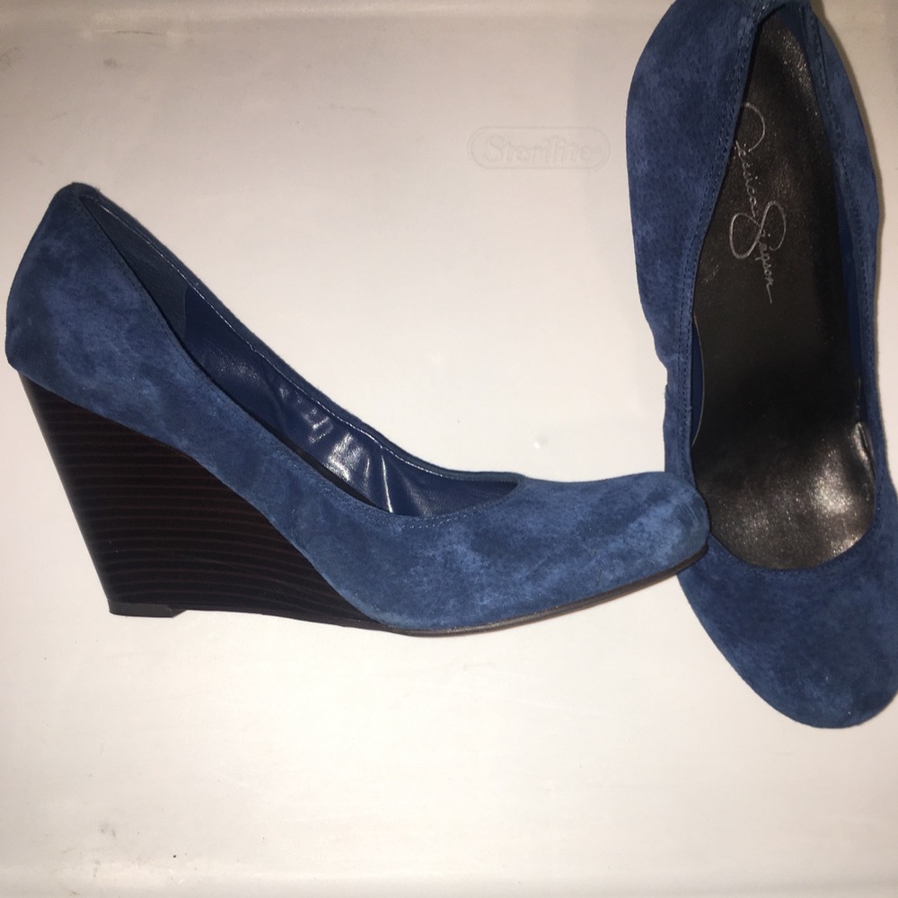 Blue suede shoes w/wedge heel. Size10